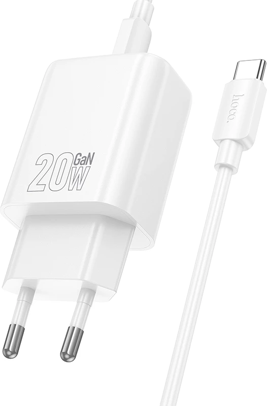 Karikues USB-C HOCO N60 GaN PD 20W, me kabllo Type-C në Type-C 1m, i bardhë, set