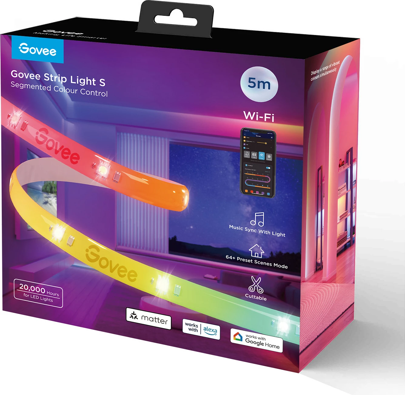 Shirit LED Govee Strip Light S, 5 m, Wi‑Fi/Bluetooth, Matter Ready, 16M ngjyra, i bardhë