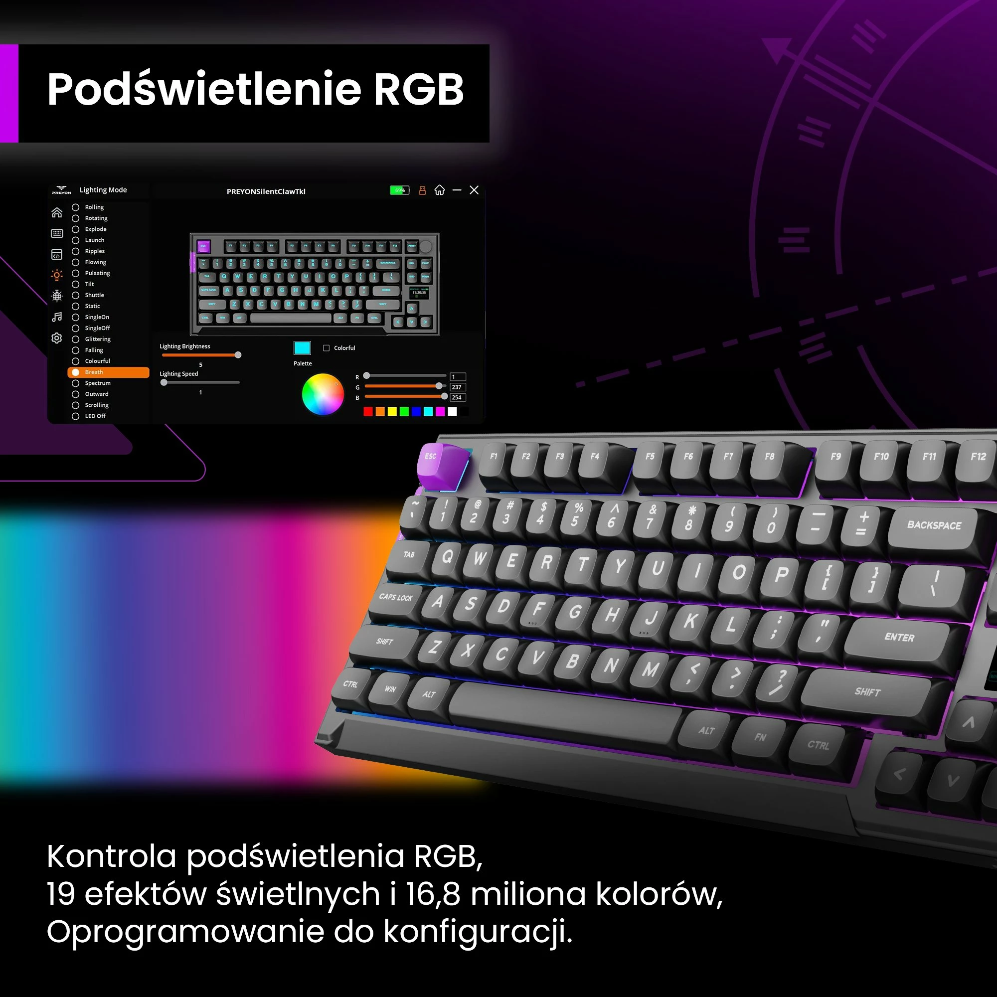 Tastierë mekanike gaming PREYON Silent Claw TKL PSCTB85B, Gateron Brown Pro, RGB, 2.4GHz/Bluetooth/USB, US layout, e zezë