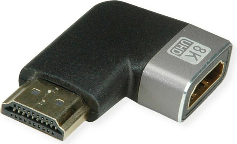 Adapter HDMI ROLINE 12.03.3251, 90° mashkull në femër, 8K 60Hz, zi/argjendtë