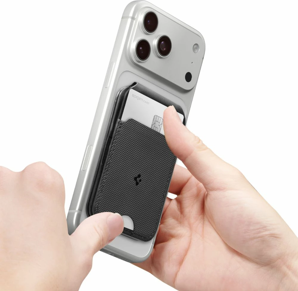 Mbështjellës/portofol MagSafe Spigen S314-2 Slim Fold Tripod Wallet, 3 vende për karta, PU leather, me mbajtëse stand, i zi, 1 copë