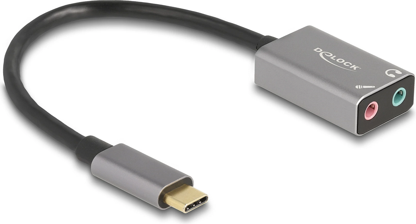 Kartelë zanore USB-C DeLOCK, adapter audio 2x 3.5mm (kufje/mikrofon), Plug & Play, gri