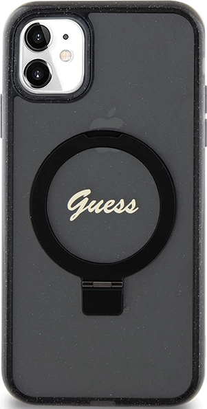 Mbështjellës Guess Ring Stand Script Glitter MagSafe për iPhone 11/XR, i zi