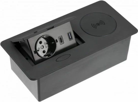 Prizë e integrume GTV AVARO PLUS, 1x 230V/16A, USB-A + USB-C, karikim wireless Qi, e zezë