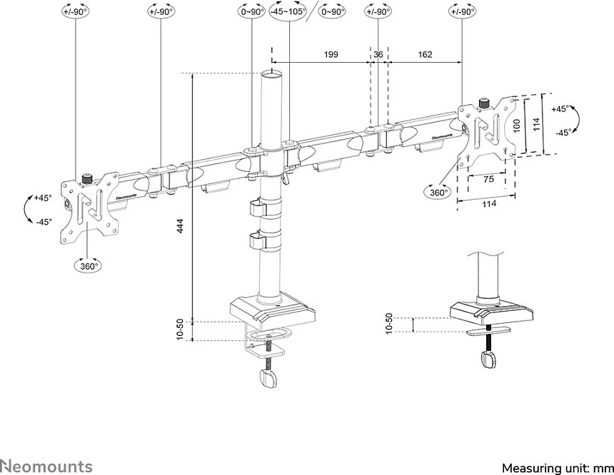 Krah monitori Neomounts NERO DS60-600BL2, për 2 monitorë 10-32", VESA 75x75/100x100, i zi