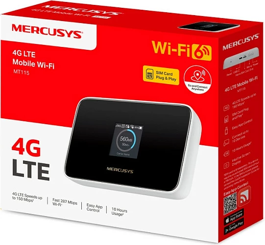 Router portativ 4G LTE Mercusys MT115, Wi‑Fi 6, bateri 2400mAh, ekran 1.44", zi/bardhë