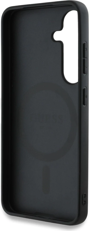 Mbështjellës Guess 4G Round Patch Classic Logo MagSafe për Samsung Galaxy S25, i zi