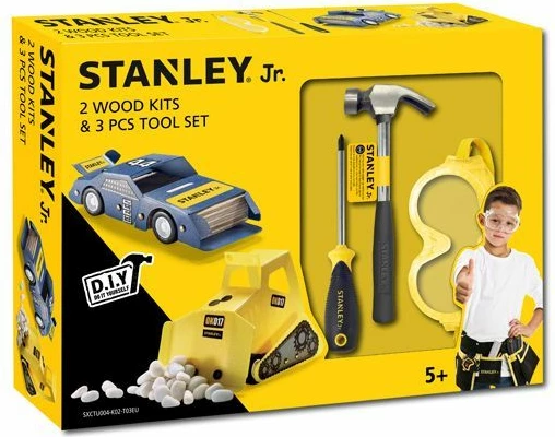 Set lodrash vegla për fëmijë Stanley Jr U004-K02-T03-SY, 2 automjete DIY (makinë garash & ekskavator) + 3 vegla, set 5 copë, e verdhë/zezë
