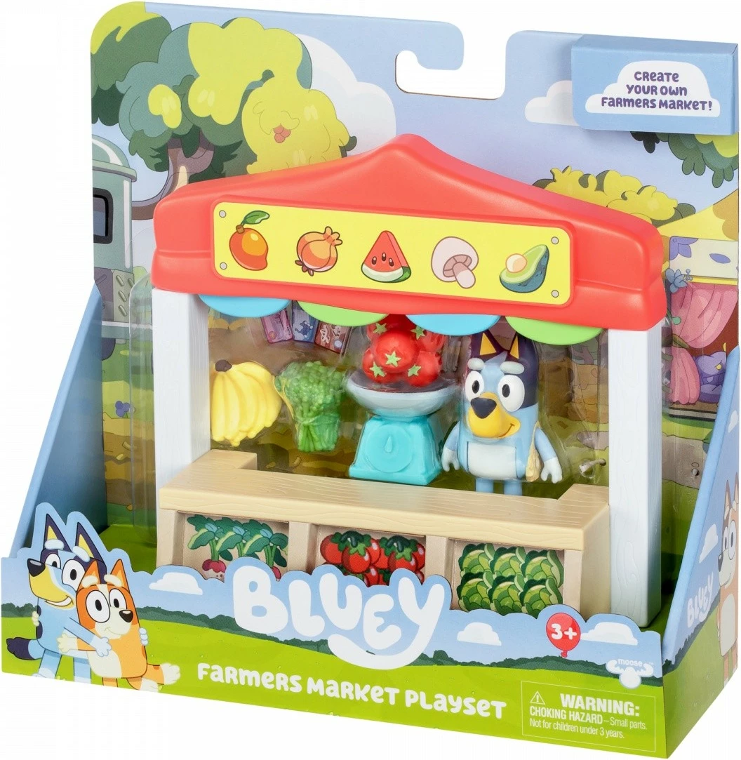 Set figurina Bluey Mini, Tm Toys BLU17555, me stendë tregu dhe aksesorë, shumëngjyrësh