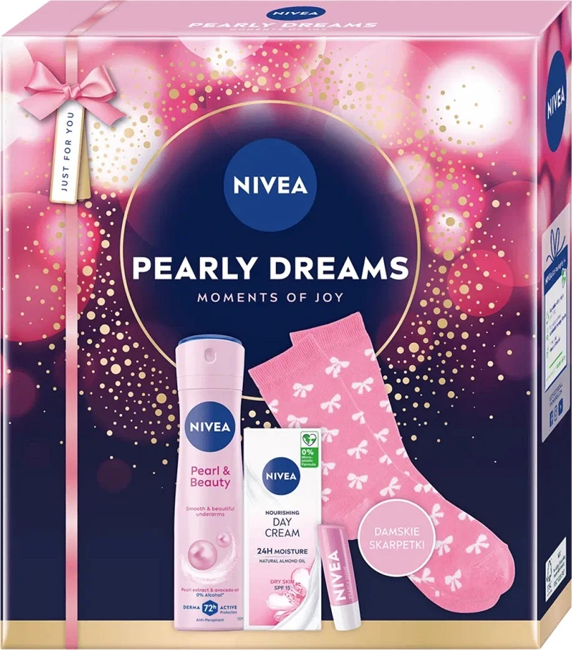 Set kozmetik për femra Nivea Pearly Dreams spray antiperspirant 150ml + krem dite ushqyes SPF15 50ml + balsam për buzë 4.8g + çorape
