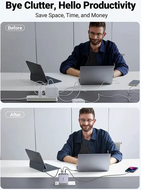 Karikues USB-C UGREEN Nexode 90549, 140W, 3 porta (2x USB-C + USB-A), PD 3.1 GaN, me kabllo USB-C 240W 1.5m, gri/e zezë