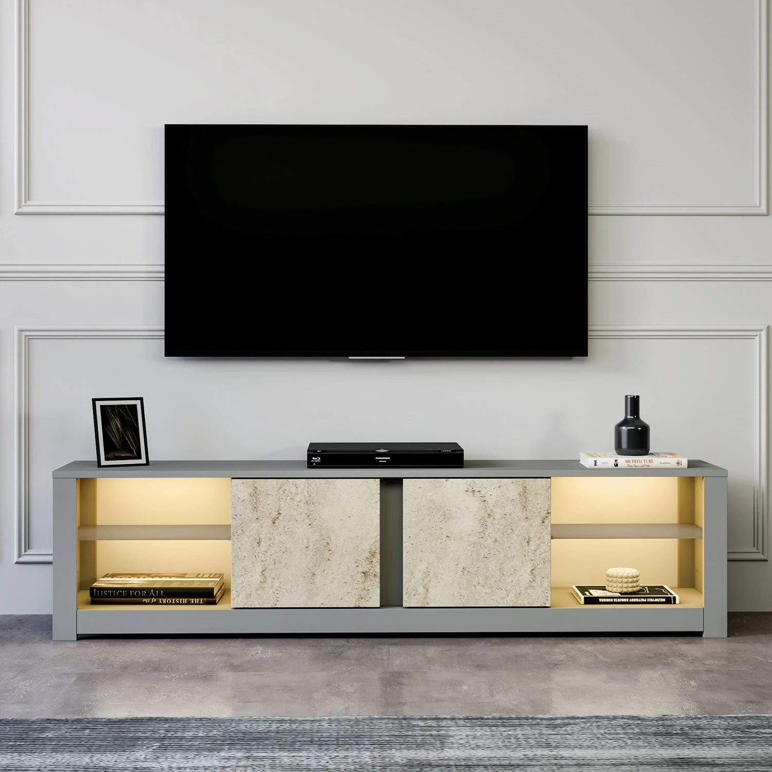 Komodë TV Skye Decor, ngjyrë gri, travertin, Aydos