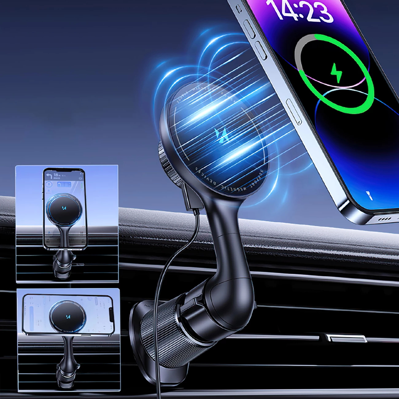 Mbajtës magnetik për veturë Wozinsky WCT5-6S4Y me karikues wireless Qi/MagSafe 15W, i zi