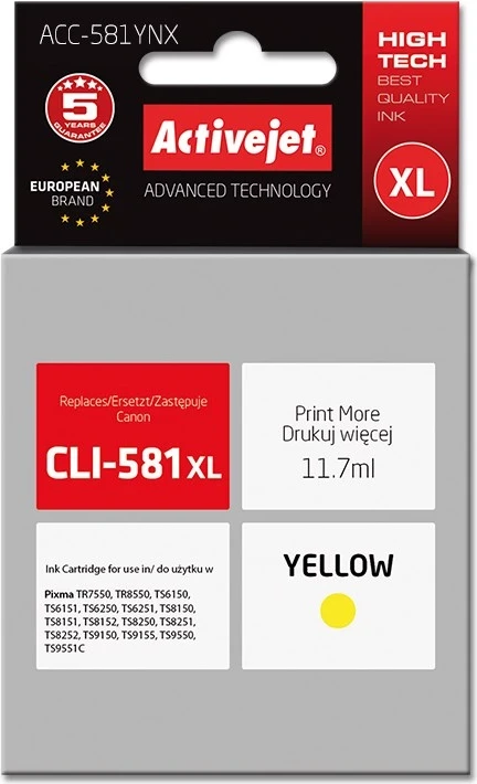 Ngjyrë zëvendësuese Activejet ACC-581YNX për printer Canon, 11.7ml, e verdhë