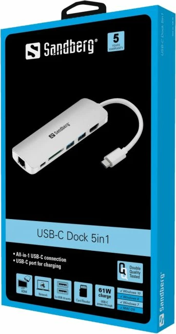 Stacion docking USB-C Sandberg 136-18, HDMI+LAN+SD/MicroSD+2xUSB 3.0, Power Delivery 100W, alumin, argjend