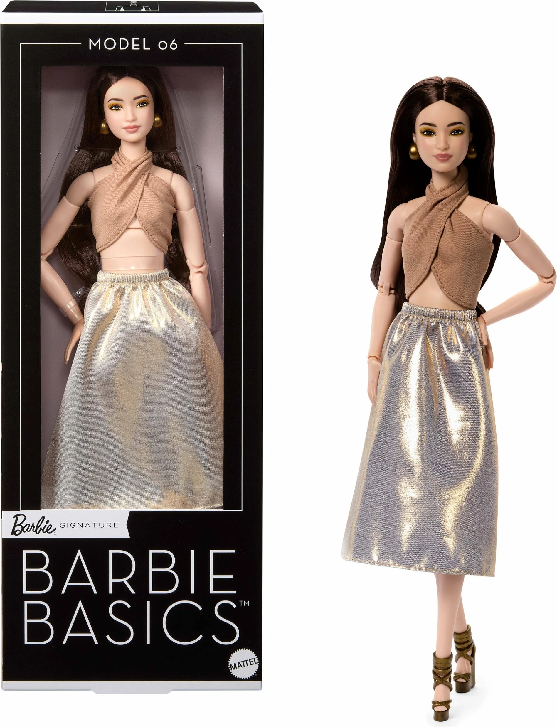 Lalkë koleksionuese Barbie Mattel Signature Basics Model 06 (JJX25), Made to Move, me bazë dhe certifikatë, ari/bezhë