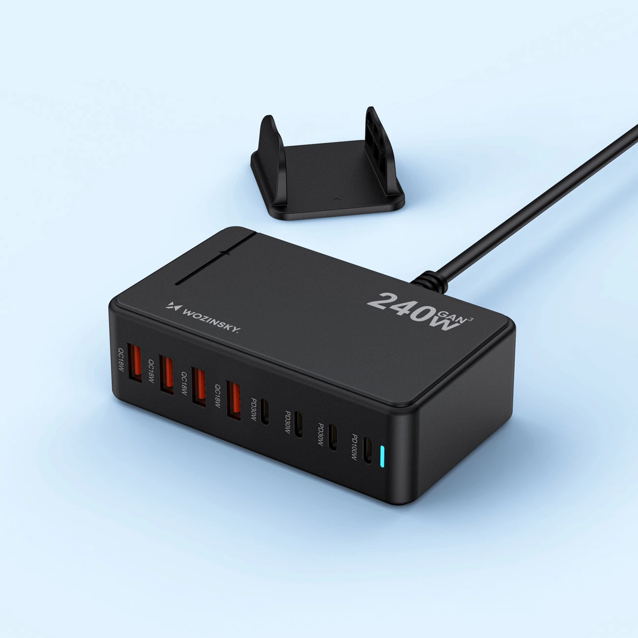 Stacion karikimi Wozinsky WSL-240 240W GaN, USB-C PD 100W + 3x30W, 4xUSB-A QC3, i zi