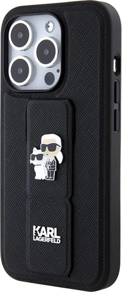 Mbështjellës Karl Lagerfeld Gripstand Saffiano Karl&Choupette Pins për iPhone 15 Pro Max, i zi