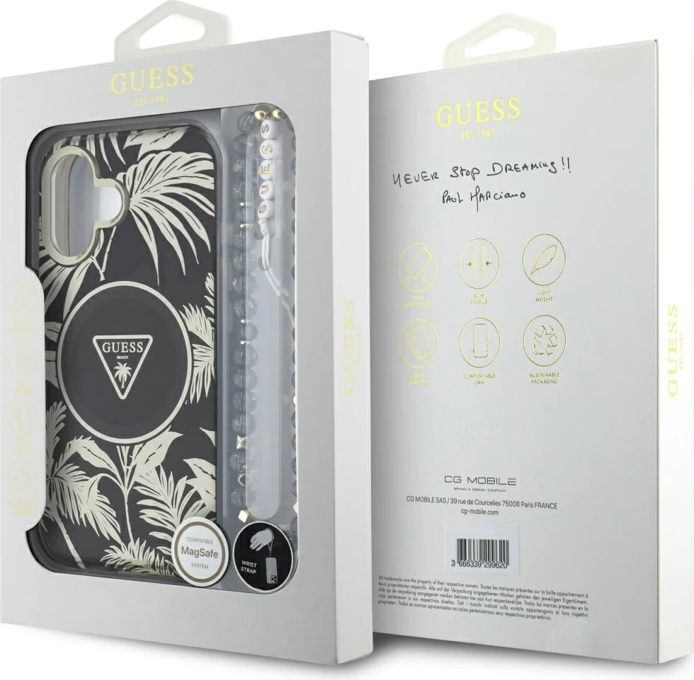 Mbështjellës Guess Palm Trees Triangle Pearl Strap MagSafe për iPhone 16, i zi