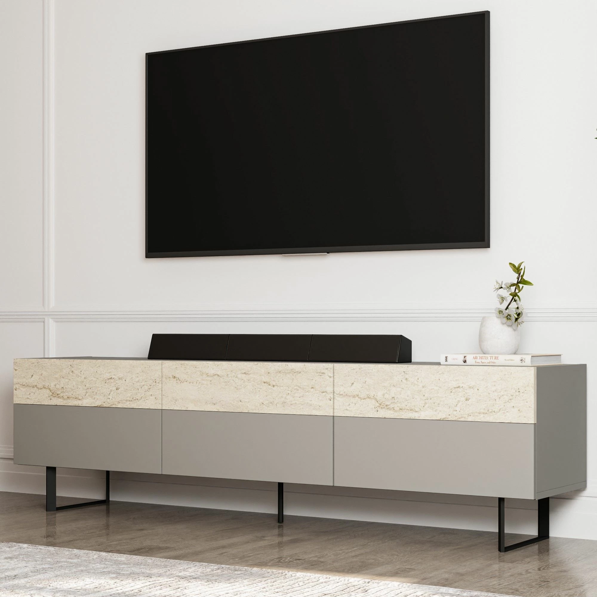 Komodë TV Skye Decor, ngjyrë gri, travertin