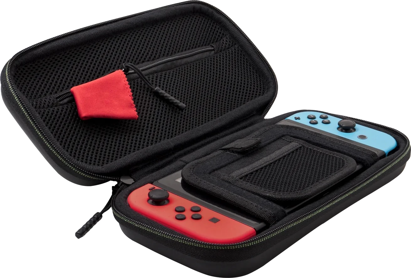 Kasë udhëtimi PDP Nintendo Switch Travel Case Plus 1-Up Glow in the Dark, me mbajtëse të integrume, e zezë/jeshile