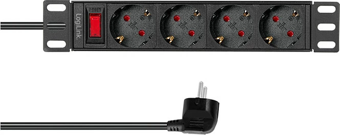 Zgjatues rryme LogiLink 4 prizash me Switch, 10" (1U), kabllo 2m, i zi