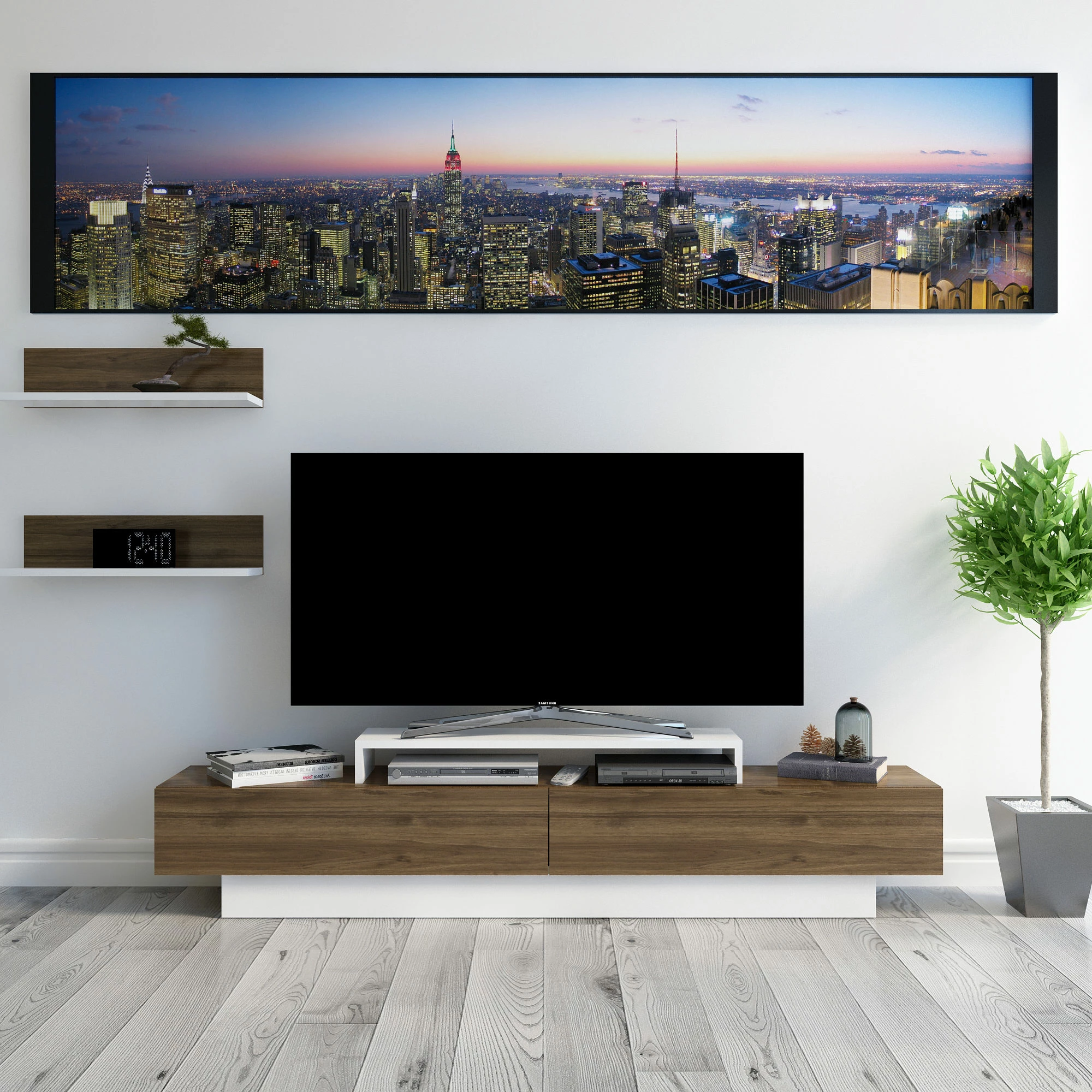 Komodë TV Skye Decor, Lusi, e bardhë dhe arre