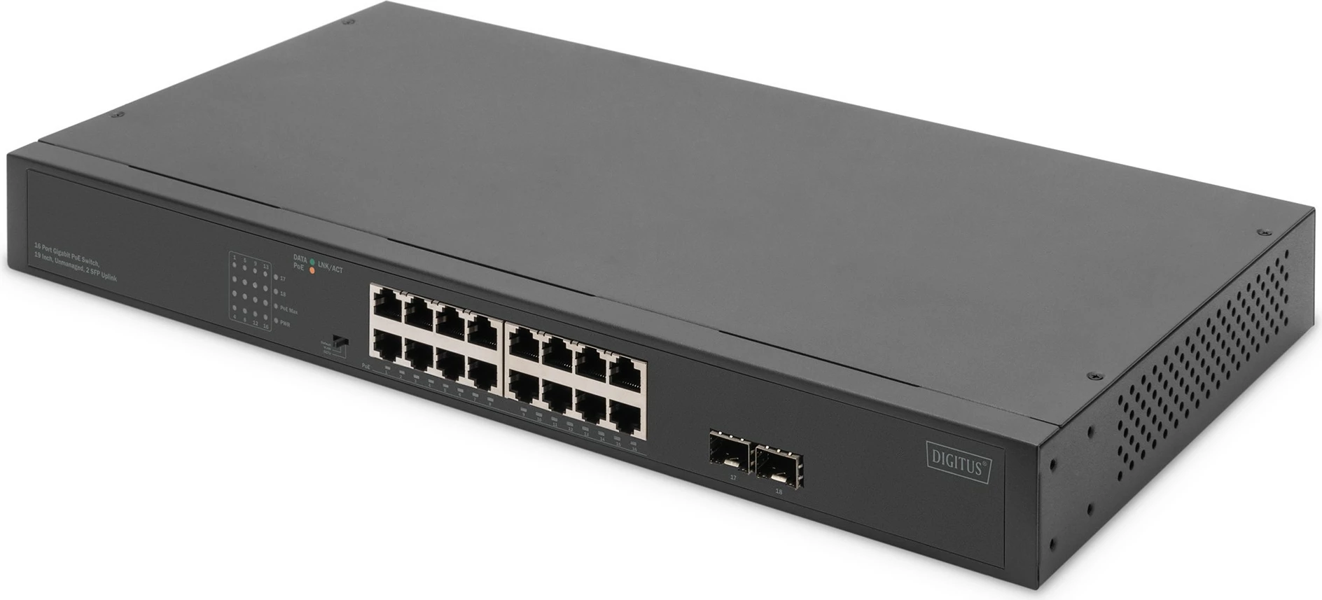Switch Digitus 16-Port Gigabit, 19 inç, unmanaged, 2 Uplink SFP, i zi