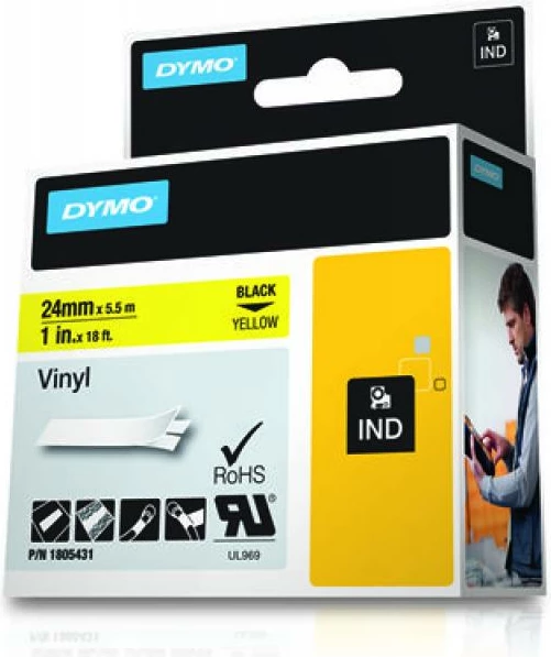 Shirit etiketimi vinil Dymo Rhino 1805431, i zi në të verdhë
