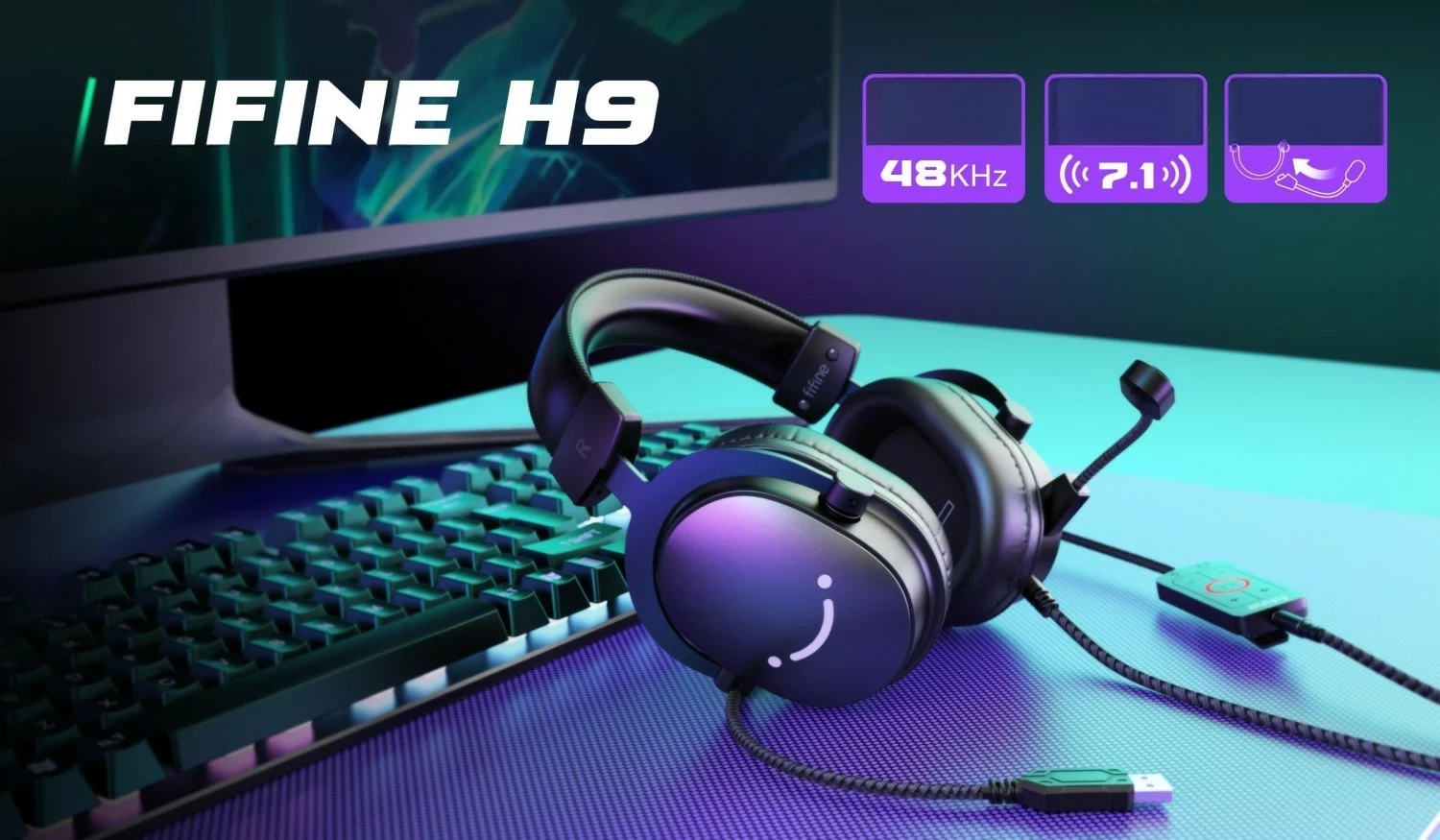 Kufje Fifine H9, 7.1 Surround, USB + 3.5mm, me mikrofon, të zeza
