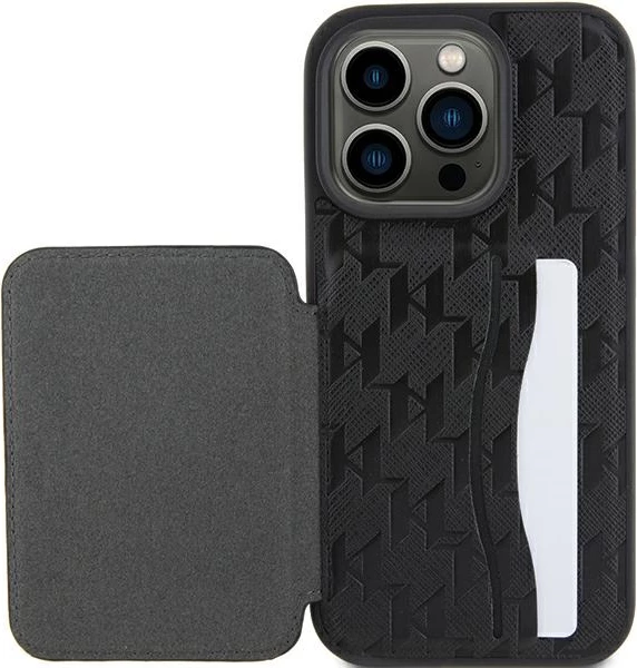 Mbështjellës Karl Lagerfeld Saffiano Cardslots & Stand Monogram Ikonik për iPhone 15 Pro, e zezë