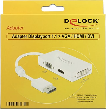 Adapter DisplayPort DeLOCK, në VGA/HDMI/DVI-D, 0.16 m, i bardhë