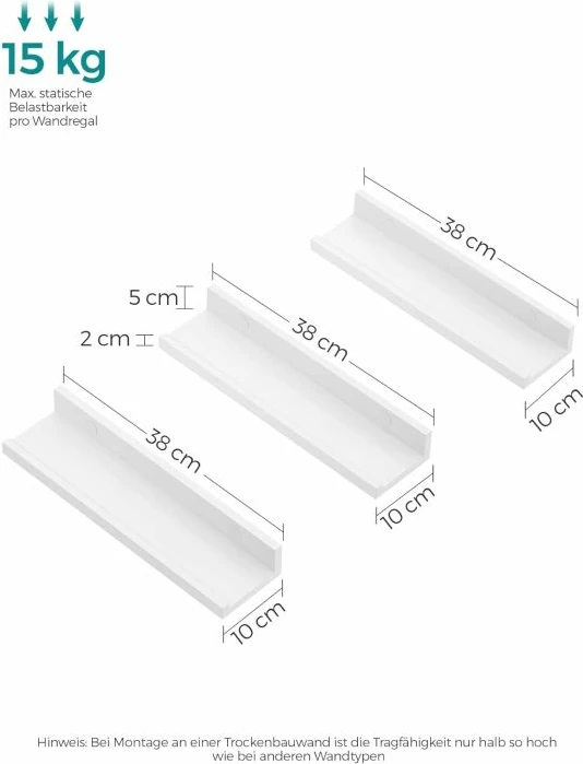 raft muri flotues SONGMICS LWS38WT 38 cm, 5 kg, bardhë me shkëlqim, set 3 copë