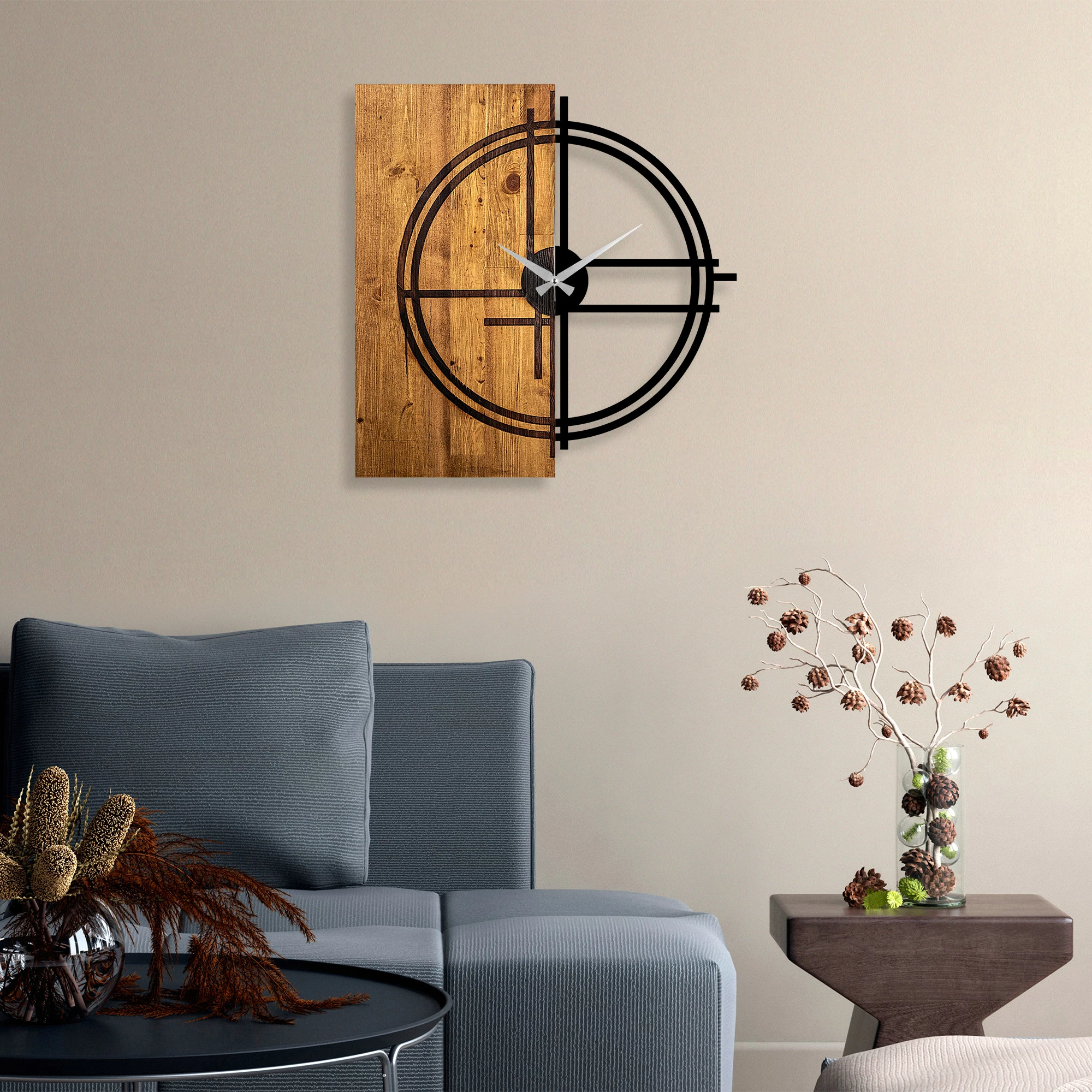 Orë muri dekorative prej druri, Wallity, ngjyrë arrë e çelët dhe e zezë, 56x3x58cm