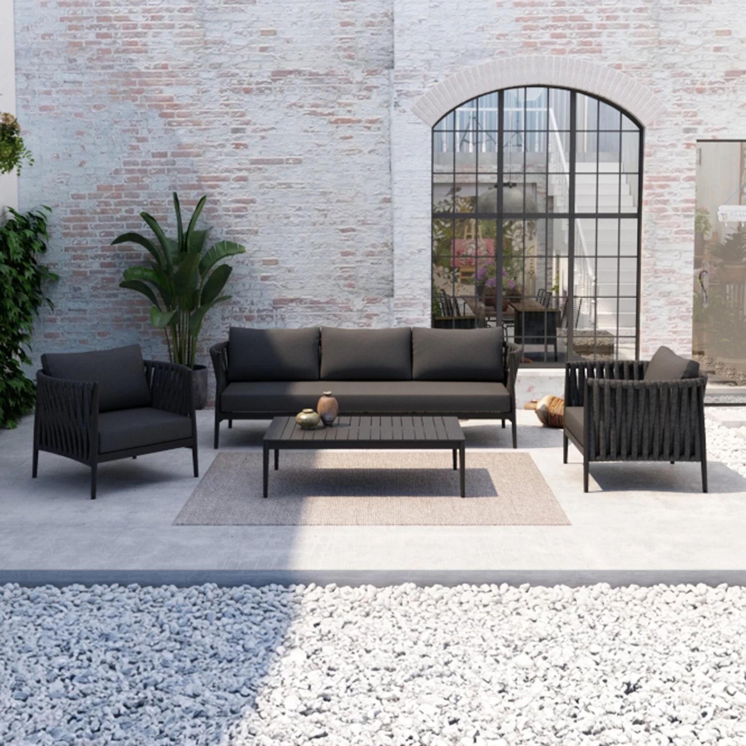 Set lounge për jashtë, 4 pjesë, seria POLARIS, alumin ngjyrë gri e errët, rripa, OLEFIN, CD6211.01