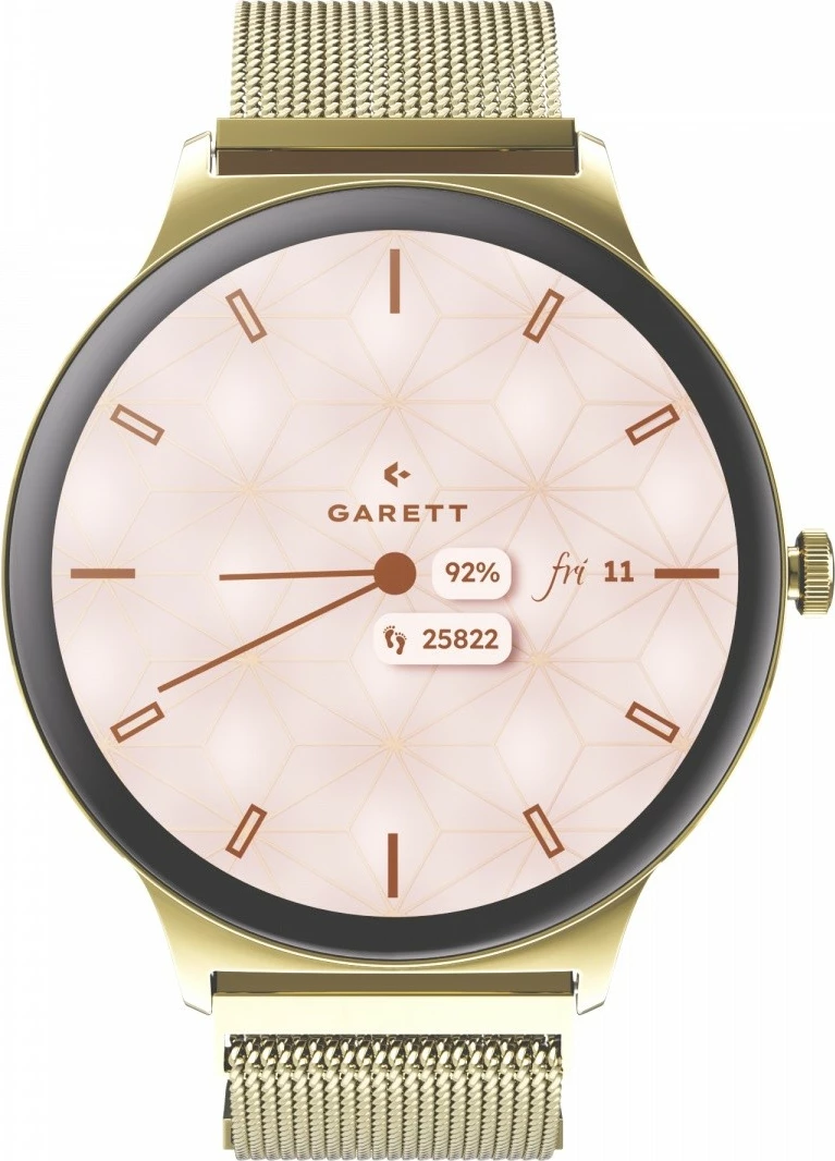 Smartwatch Garett Verona 2, 1.43\" AMOLED 466x466, IP68, Bluetooth thirrje, 200 mAh, Gold, set me rrip mesh + rrip lëkure eko i bardhë