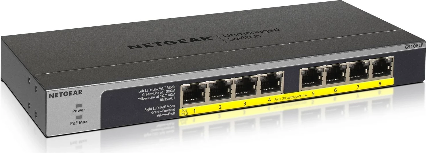 Switch Netgear GS108LP-100EUS, 8 porte LAN, PoE