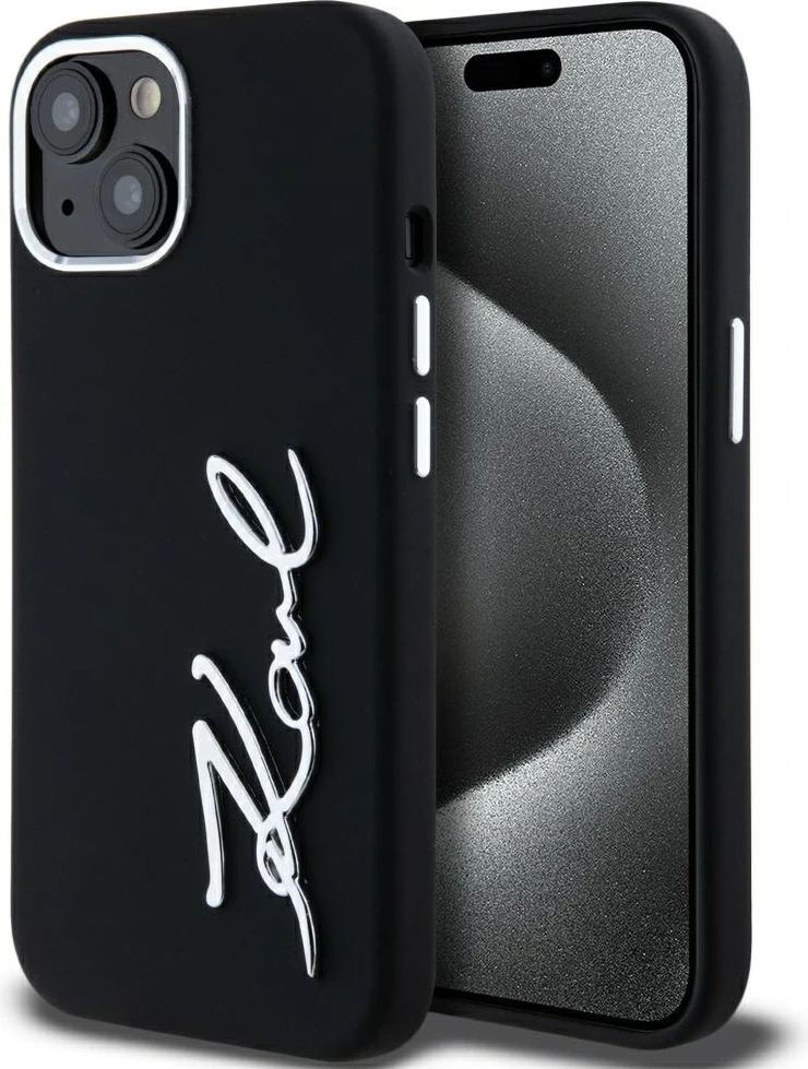 Mbështjellës Karl Lagerfeld Silicone Metal Script Logo për iPhone 15, i zi