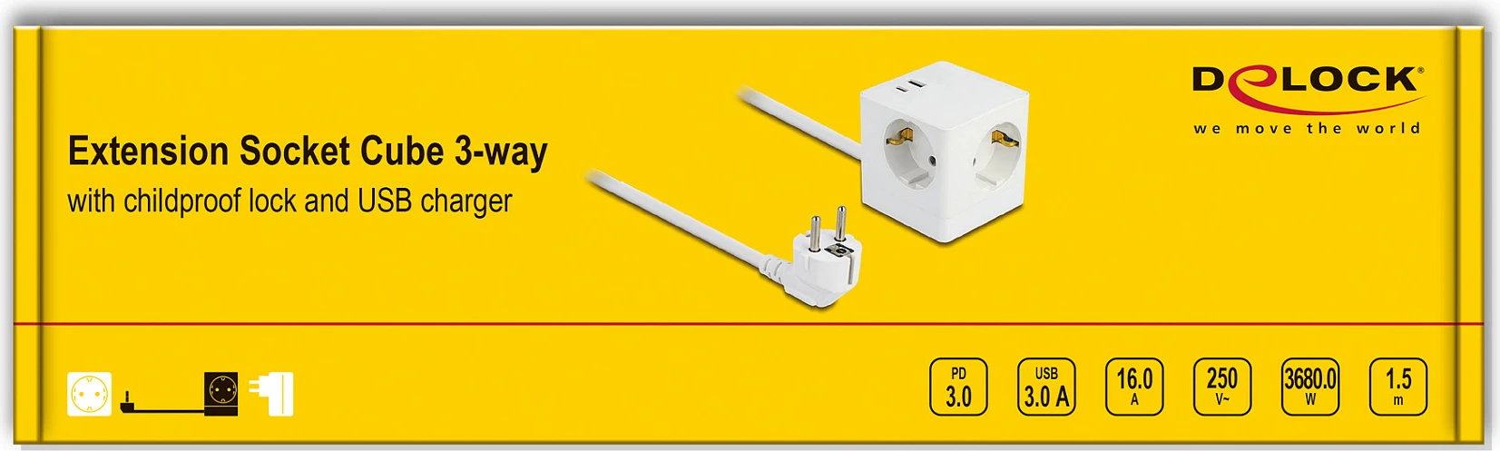 Zgjatues prizash kub DeLOCK 11502, 3x Type F, 2x USB (USB-C PD 20 W), kabllo 1.5 m, i bardhë