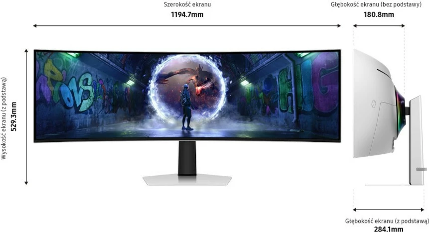 Monitor gaming, Samsung, Odyssey G93SD LS49DG934SUXEN, 49" 32:9 OLED Dual QHD 240Hz 0.03ms, i lakuar 1800R, VESA 100x100, Silver