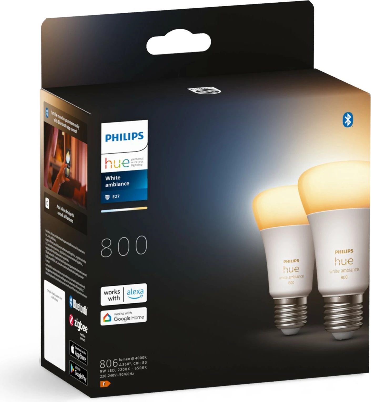 Llambë smart Philips Hue White ambience A60, E27, 800 (2-pack), Bluetooth/Zigbee, Bardhë