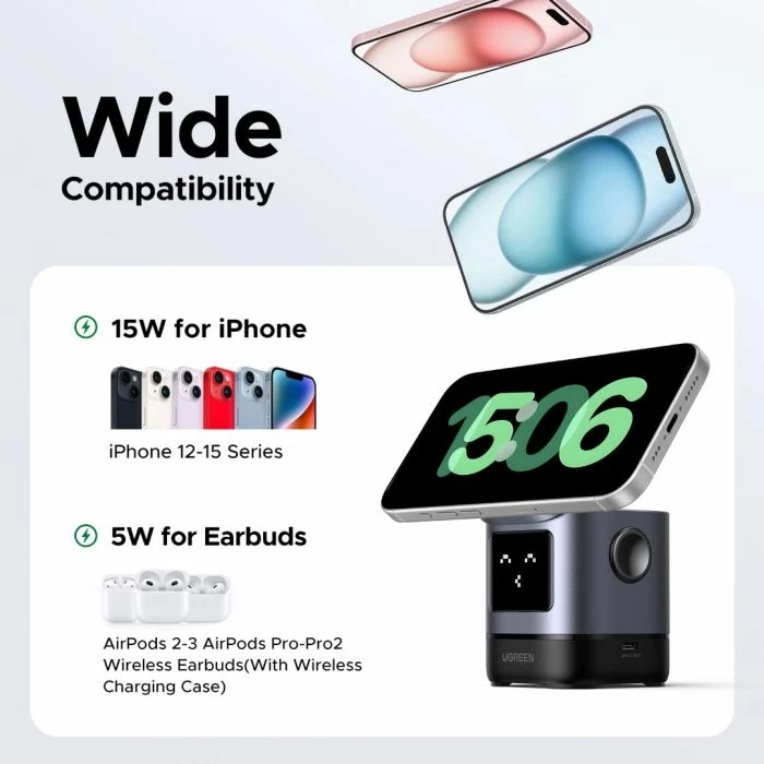 Karikues wireless magnetik UGREEN Uno Qi2 2-në-1 15W me portë USB-C për Apple Watch, gri, set me kabllo USB-C 1m