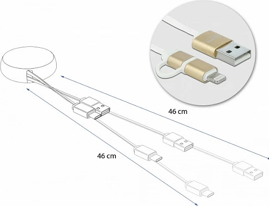 Kabllo USB DeLOCK 2n1 tërheqëse, USB-A në Micro-USB/Lightning, 0.92 m, USB 2.0, 2.1A, bardhë/ari