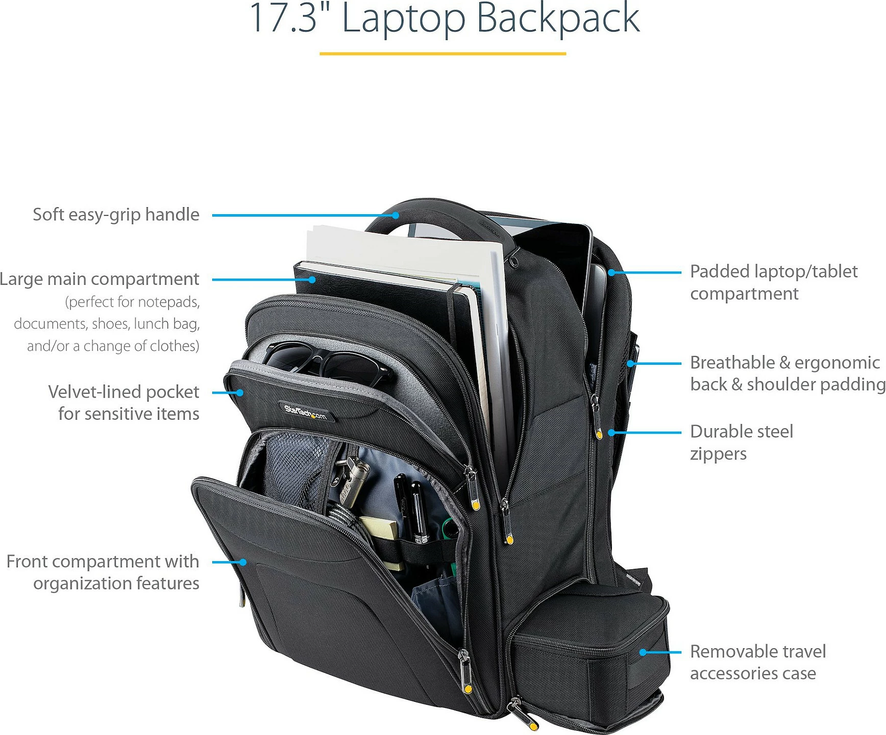 Çantë shpine për laptop StarTech 17.3", me organizer të heqshëm, najlon balistik, e zezë