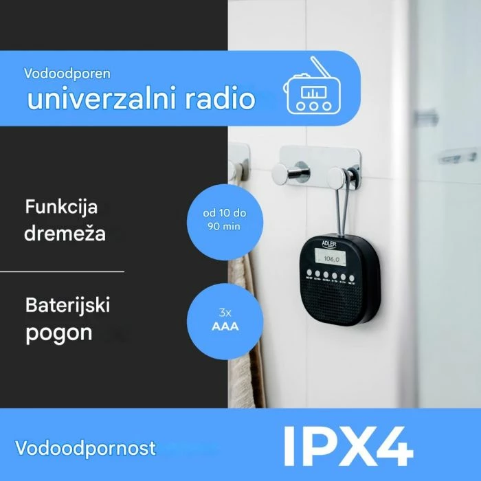 radio waterproof ADLER AD1912, FM, IPX4, me orë dhe alarm të dyfishtë, me grep silikoni, e zezë