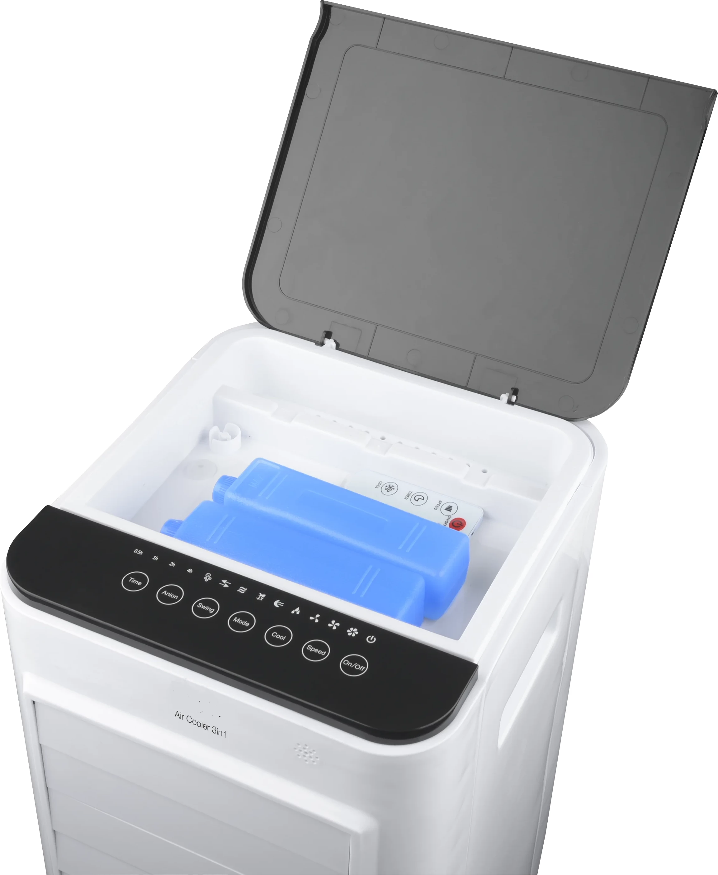 Ftohës ajri 4-në-1, Elit AC-23W, 12L, 80W, telekomandë, timer 7.5h, anion, LED touch, i bardhë, set me 2 kontejnerë akulli