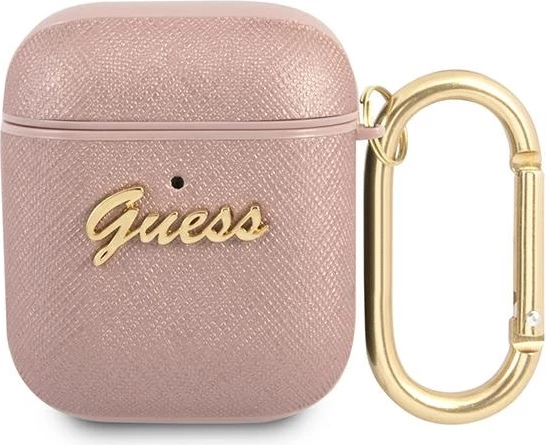 Mbështjellës Guess GUA2SASMP për AirPods 1/2, Saffiano Script Metal, Rozë