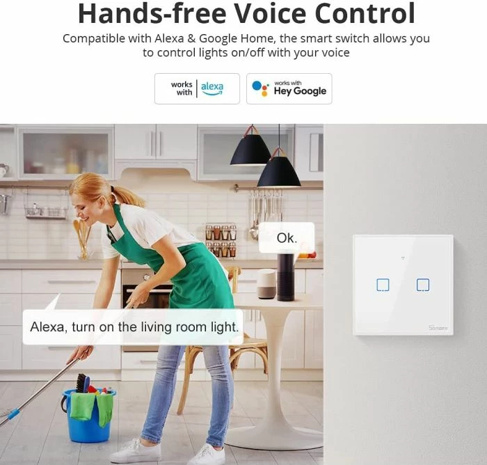 Switch muri smart SONOFF T2EU2C-TX, Wi‑Fi + RF433, 2 butona, bardhë