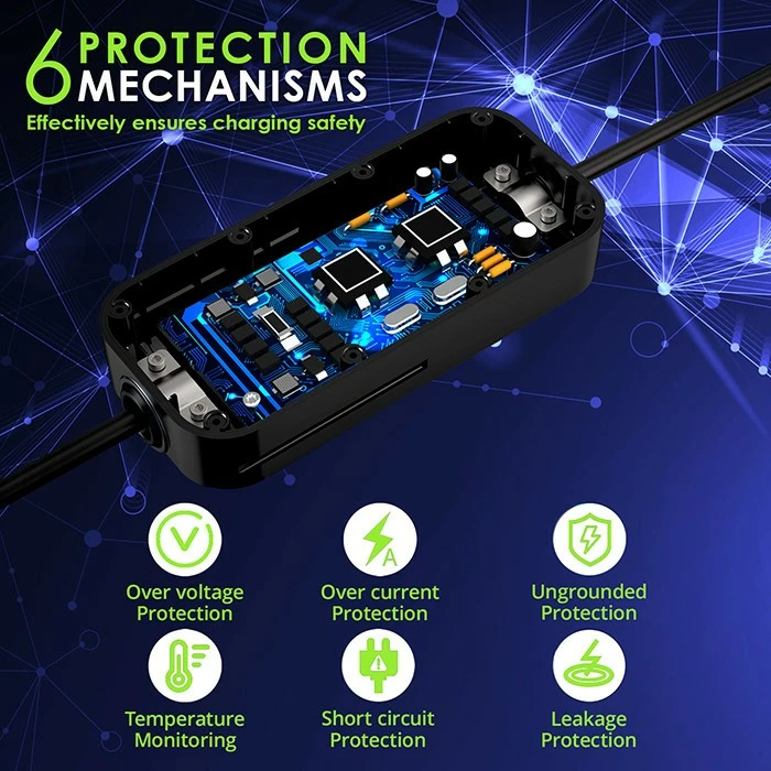 Karikues mobil EV, Qoltec 52574, Type 2, 3.5kW 230V, 1-fazë, rregullim 8A/10A/13A/16A, kabllo 4m, LCD, IP65 IK09, me çantë, e zezë e gjelbër