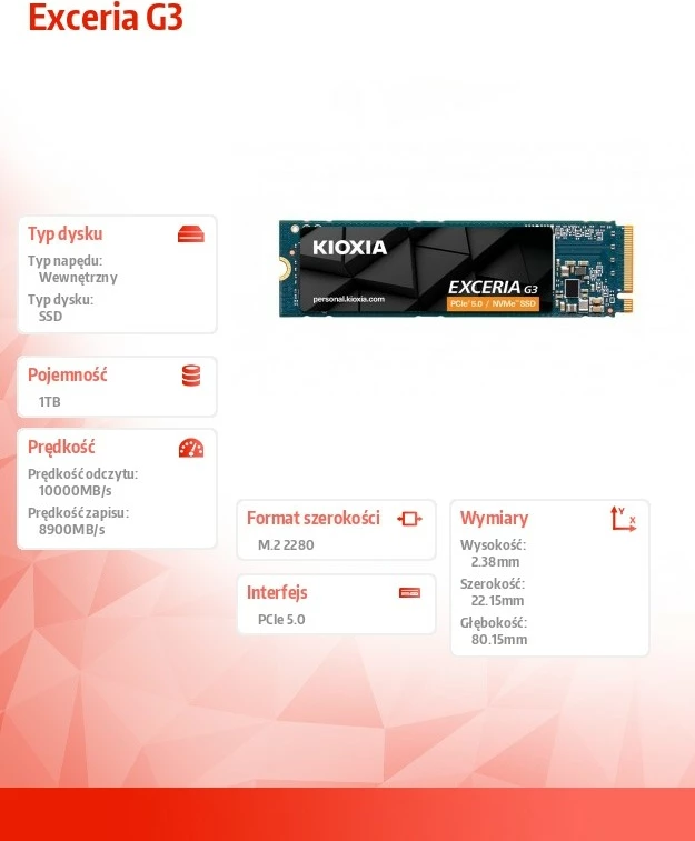 SSD Kioxia Exceria G3 1TB M.2 2280 PCIe 5.0 NVMe, 10000/8900 MB/s